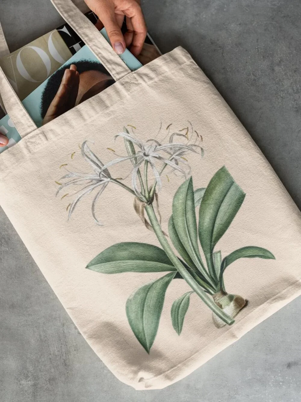 Spider Lily Vintage Floral Print Graphic Canvas Tote Bag